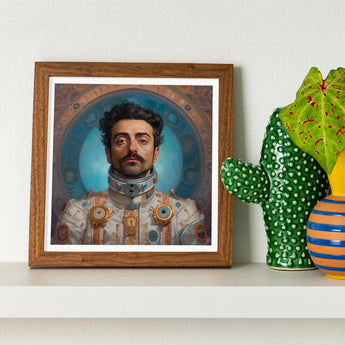 Eskandar - Gay Arabic Astronaut Art Print / Canvas Framed Portrait Man Ornate Futuristic Attire Gold Blue, Aesthetic, Meet Prints