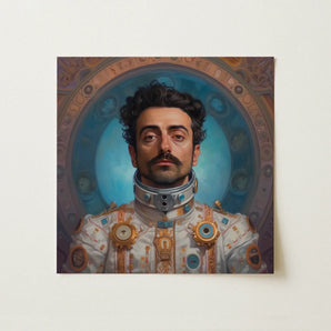 Eskandar - Gay Arabic Astronaut Art Print / Canvas Framed Portrait Man Ornate White Gold Futuristic Armor Gay Arabic Astronaut, Astronaut