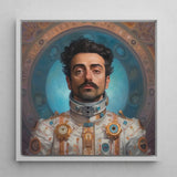 Eskandar - Gay Arabic Astronaut Art Print / Canvas Framed Portrait Man Ornate White Gold Futuristic Suit, Aesthetic, Meet Prints