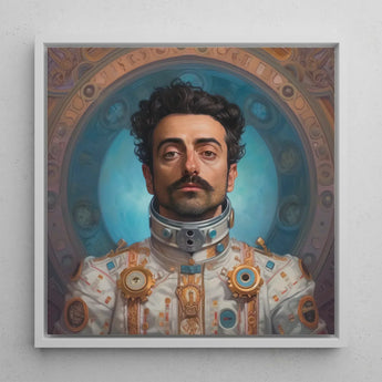 Eskandar - Gay Arabic Astronaut Art Print / Canvas Framed Portrait Man Ornate White Gold Futuristic Suit, Aesthetic, Meet Prints