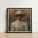 Framed Portrait Man Ornate White Suit Wide-brimmed Hat Dandy Gay Cowboy, Elegant Latino Vaquero’s, Spirit’s Queer