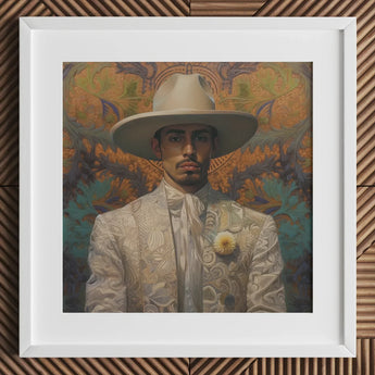 Estephan - Gay Latino Vaquero Art Print / Canvas Cream-colored Cowboy Hat Yellow Flower Pin White Frame Dandy, Elegant Vaquero’s, Spirit’s