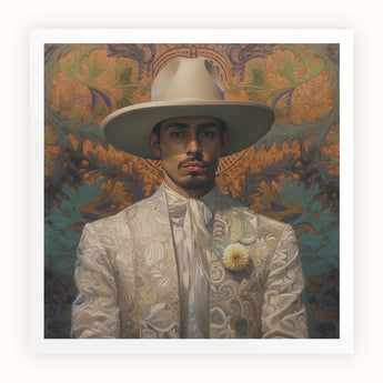 Estephan - Gay Latino Vaquero Art Print / Canvas Cream-colored Intricately Embroidered Suit Jacket Wide-brimmed Hat White Dandy Gay Cowboy,