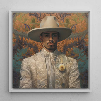 Estephan - Gay Latino Vaquero Art Print / Canvas Framed Portrait Man Ornate Cream-colored Embroidered Suit Wide-brimmed Dandy Cowboy,