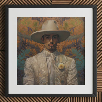 Estephan - Gay Latino Vaquero Art Print / Canvas Framed Portrait Man Ornate White Suit Wide-brimmed Hat Dandy Cowboy, Elegant Vaquero’s,