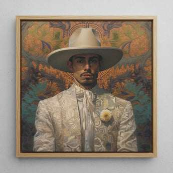 Estephan - Gay Latino Vaquero Art Print / Canvas Framed Portrait Man Ornate White Suit Wide-brimmed Hat Dandy Cowboy, Elegant Vaquero’s,
