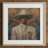 Estephan - Gay Latino Vaquero Art Print / Canvas Framed Portrait Man Ornate White Suit Wide-brimmed Hat Dandy Cowboy, Elegant Vaquero’s,