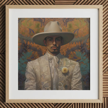 Estephan - Gay Latino Vaquero Art Print / Canvas Framed Portrait Man Ornate White Suit Wide-brimmed Hat Dandy Cowboy, Elegant Vaquero’s,