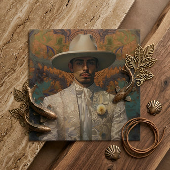 Estephan - Gay Latino Vaquero Art Print / Canvas Square Canvas Print Man Ornate White Suit Wide-brimmed Dandy Gay Cowboy, Elegant Latino