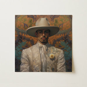Estephan - Gay Latino Vaquero Art Print / Canvas Square Painting Man Ornate White Suit Wide-brimmed Dandy Cowboy, Elegant Vaquero’s,