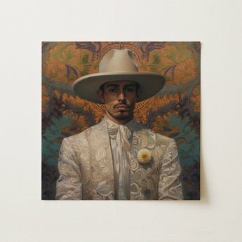 Estephan - Gay Latino Vaquero Art Print / Canvas Square Canvas Painting Man Ornate White Suit Wide-brimmed Dandy Gay Cowboy, Elegant Latino
