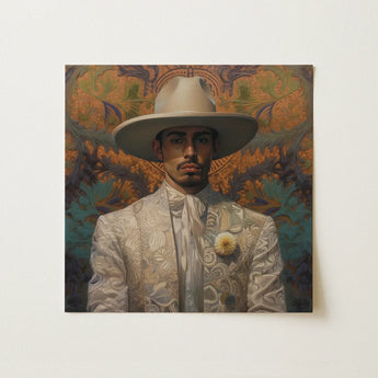 Estephan - Gay Latino Vaquero Art Print / Canvas Square Painting Man Ornate White Suit Wide-brimmed Dandy Cowboy, Elegant Vaquero’s,