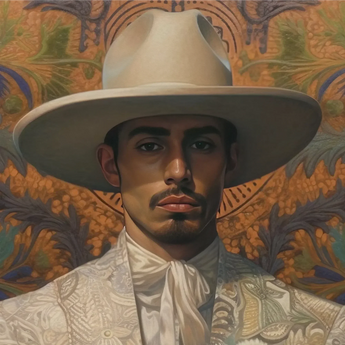 Estephan - Gay Latino Vaquero Art Print / Canvas Wide-brimmed Cream-colored Hat Intricate Floral Patterns White Shirt Dandy Gay Cowboy,
