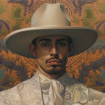 Estephan - Gay Latino Vaquero Art Print / Canvas Wide-brimmed Cream-colored Hat Intricate Floral Patterns White Shirt Dandy Cowboy, Elegant