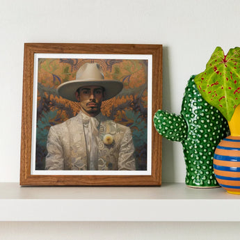 Estephan - Gay Latino Vaquero Art Print / Canvas Wooden-framed Portrait Man Sombrero Suit Floral Design Green Dandy Cowboy, Elegant