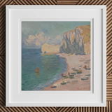 Étretat - Claude Monet Normandy Coastline Art Print, 12x12’’ / 31x31cm / White Frame / 2’’ Matboard, Framed Painting Beach Cliffs Boats