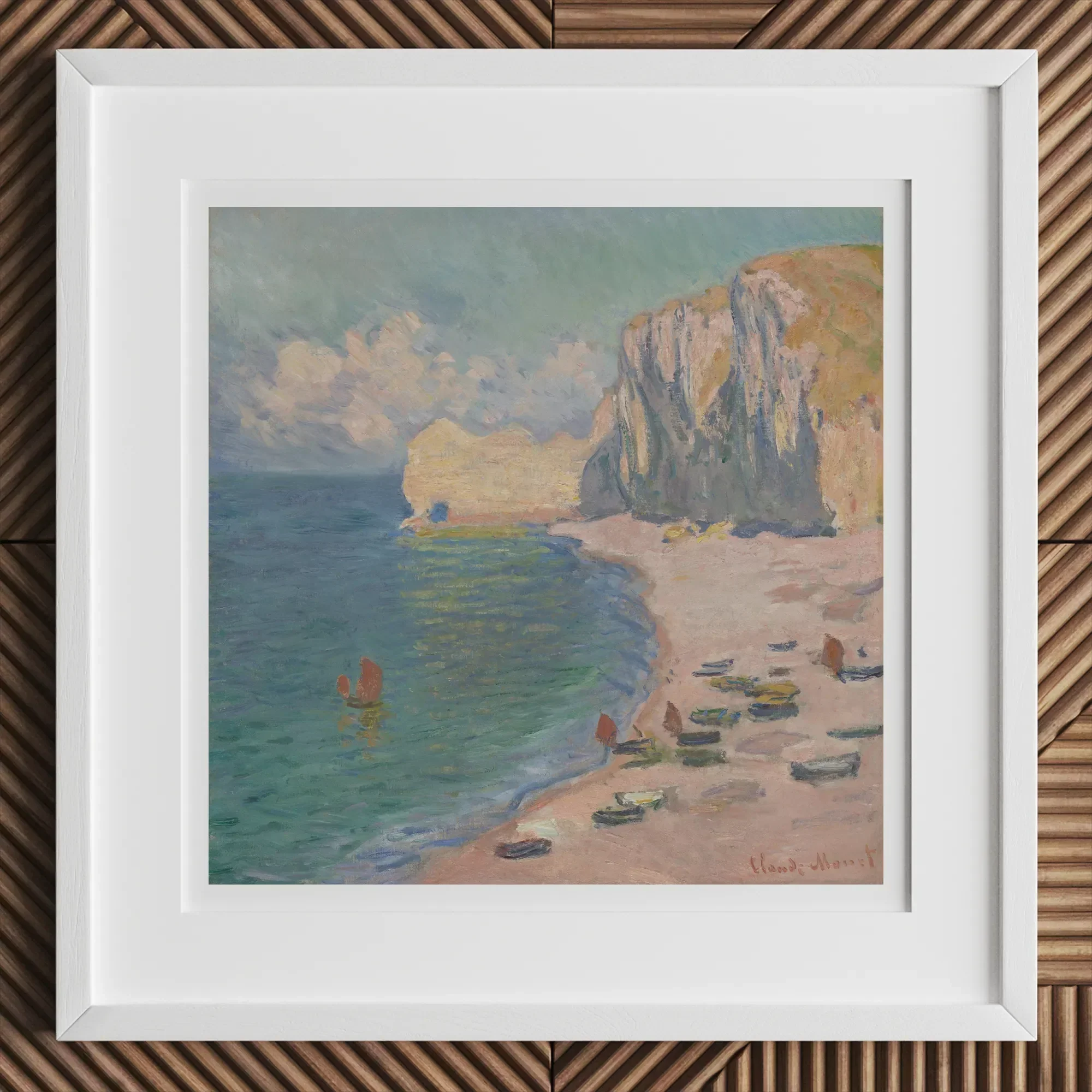 Étretat - Claude Monet Normandy Coastline Art Print, 12x12’’ / 31x31cm / White Frame / 2’’ Matboard, Framed Painting Beach Cliffs Boats