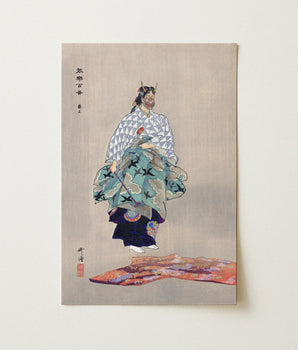 Traditional Japanese Woodblock Print Figure Ornate Layered Kimono Art, Tsukioka Kogyo’s Aoinoue, Catches, Lady, Rokujo, Instant Jealousy