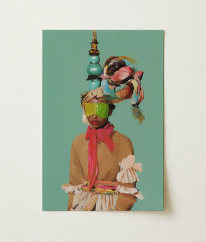 Vibrant Mixed-media Portrait Print Figure Adorned Colorful Accessories Avant Garde Fashion, Striking Form, Art