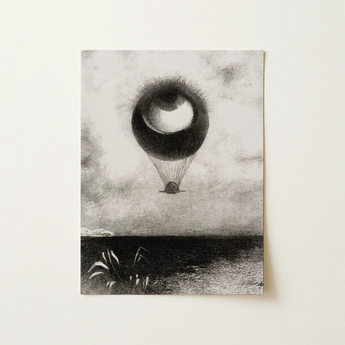 Black-and-white Illustrated Print Surreal Hot Air Balloon Eye-like Strange, Reeds Beneath Redon’s, Symbolist Lithograph Tilts, Overhead,