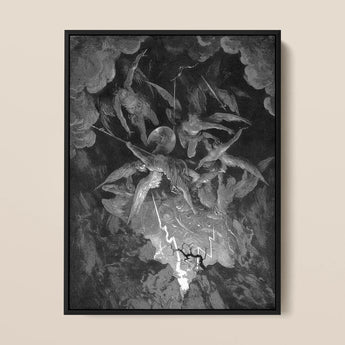 The Fall of Man - Gustave Dore Art Print / Canvas Black-framed Artwork Dramatic Monochromatic Angels Turmoil Cracked Earth Milton’s Cosmic