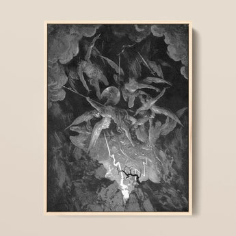The Fall of Man - Gustave Dore Art Print / Canvas Black-and-white Framed Artwork Dramatic Celestial Scene Winged Figures Milton’s Cosmic
