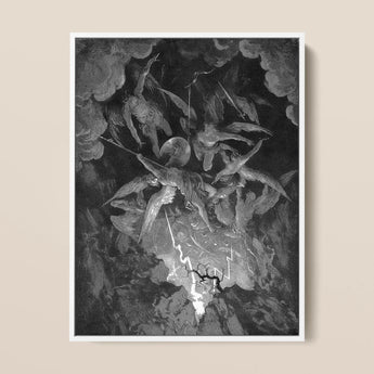The Fall of Man - Gustave Dore Art Print / Canvas Black-and-white Framed Artwork Dramatic Celestial Scene Winged Figures Milton’s Cosmic