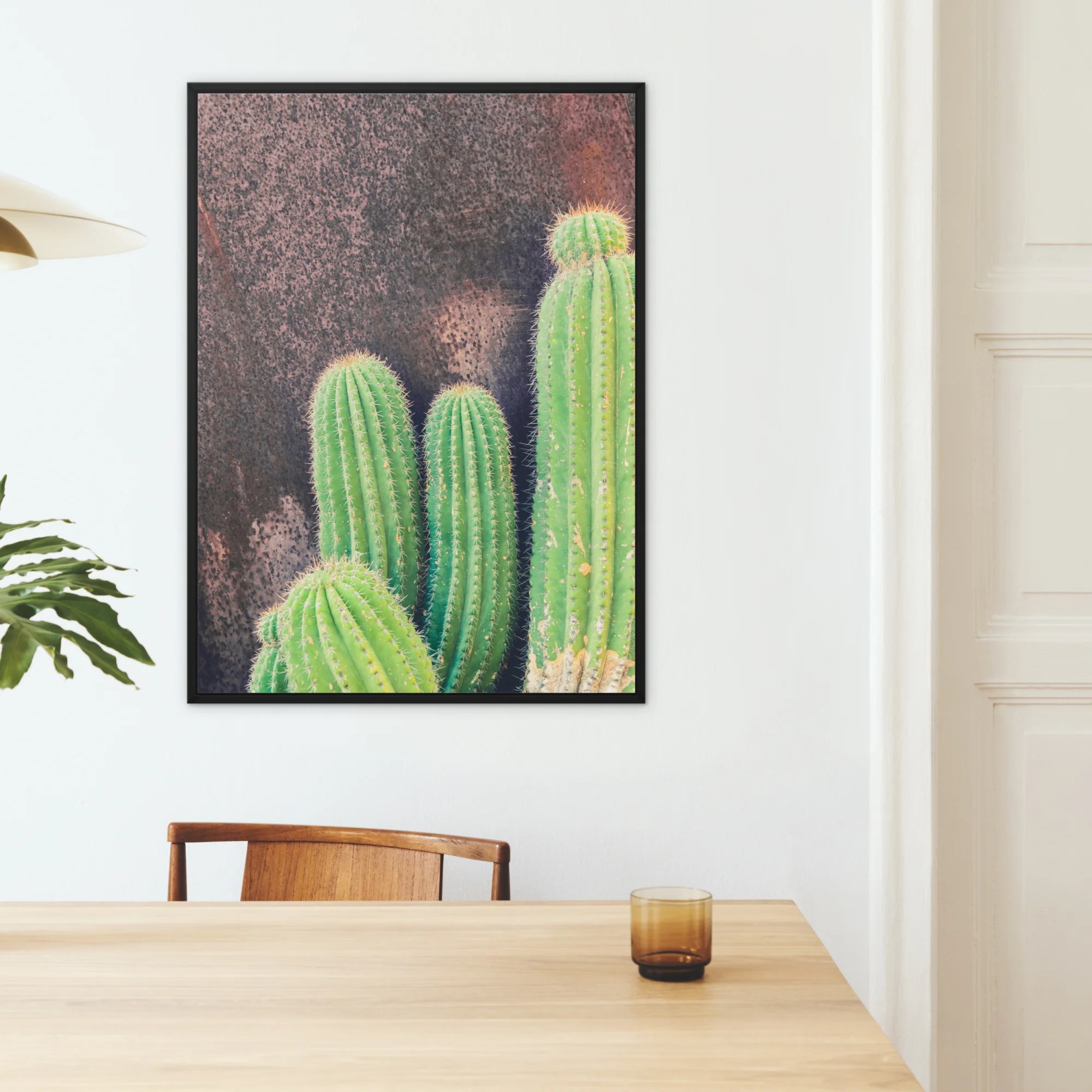 Family Affair - Modern Cactus Art Framed Canvas, Framed Artwork Bright Green Cacti Dark Background