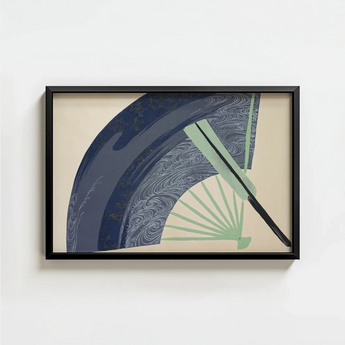 Framed Artwork Stylized Abstract Fan Design Navy Blue Kamisaka Sekka, Japanese Edo Woodblock, Edo-period Japan
