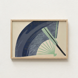 Framed Artwork Stylized Fan Navy Blue Light Green Kamisaka Sekka, Japanese Edo Woodblock, Edo-period Japan