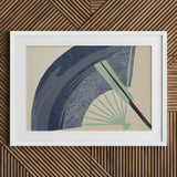 Fan - Kamisaka Sekka Japanese Meiji Art Print / Canvas Framed Artwork Stylized Navy Blue Mint Green, Edo Woodblock, Edo-period Japan Prints