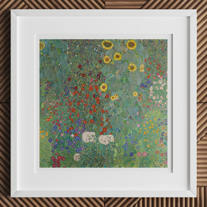 Farm Garden with Sunflowers - Gustav Klimt Art Print, 12x12’’ / 31x31cm / White Frame / 2’’ Matboard, Framed Reproduction Gustav Klimt’s