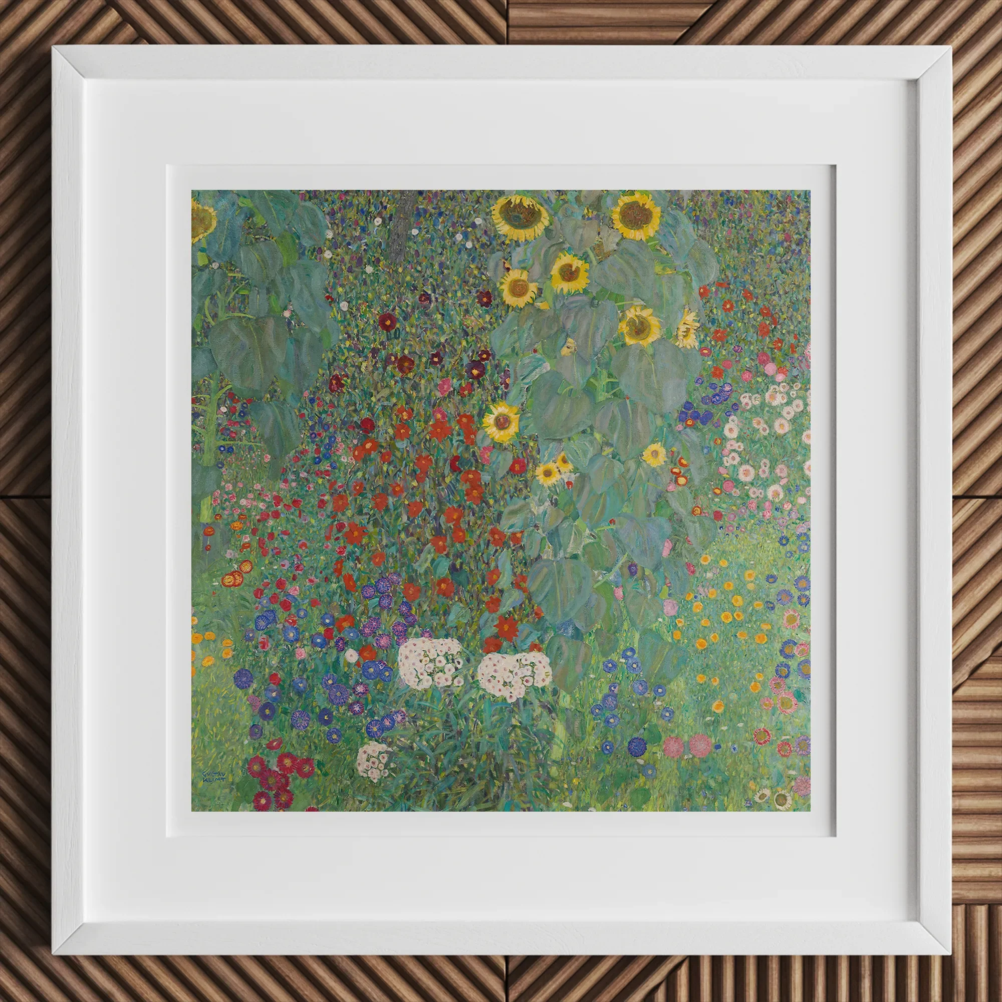 Farm Garden with Sunflowers - Gustav Klimt Art Print, 12x12’’ / 31x31cm / White Frame / 2’’ Matboard, Framed Reproduction Gustav Klimt’s