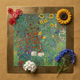 Farm Garden with Sunflowers - Gustav Klimt Art Print / Canvas Square Metal-framed Artwork Vibrant Garden Scene Sunflowers Red Gustav