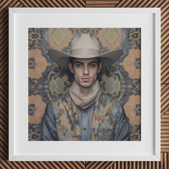 Farzad - Tirage d'art cowboy gay arabe / Toile, 12x12’’ / 31x31cm / Cadre blanc / Passe-partout, Posters Prints & Visual Artwork, Toby Leon