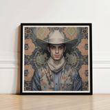 Framed Portrait Man Light Beige Cowboy Hat Patterned Dandy Gay, Elegant Persian Outlaw’s, Vintage Arabic