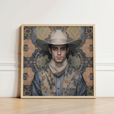 Framed Portrait Man Light Beige Cowboy Hat Floral-patterned Dandy Gay, Elegant Persian Outlaw’s, Vintage Arabic