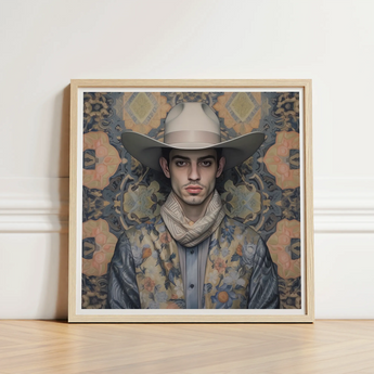Framed Portrait Man Beige Cowboy Hat Patterned Jacket Dandy Gay, Elegant Persian Outlaw’s, Vintage Arabic
