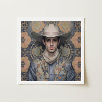 Farzad - Arabic Gay Cowboy Art Print / Canvas Beige Hat Band Worn Man Illustrated Portrait Dandy, Elegant Persian Outlaw’s, Vintage Prints