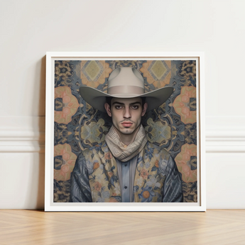 Framed Portrait Man Light Beige Cowboy Hat Patterned Dandy Gay, Elegant Persian Outlaw’s, Vintage Arabic