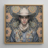 Farzad - Arabic Gay Cowboy Art Print / Canvas Framed Portrait Man Light Beige Hat Floral-patterned Dandy, Elegant Persian Outlaw’s, Vintage