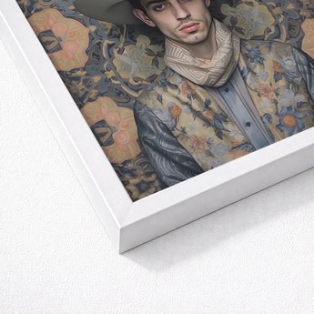 Framed Portrait Man Wide-brimmed Hat Floral-patterned Jacket Set Dandy Gay Cowboy, Elegant Persian Outlaw’s, Vintage Arabic