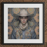 Farzad - Arabic Gay Cowboy Art Print / Canvas Hat Floral Pattern Tan Band Black Frame Dandy, Elegant Persian Outlaw’s, Vintage Prints