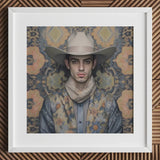 Farzad - Arabic Gay Cowboy Art Print / Canvas Hat Wide Brim Patterned Fabric Beige Color Dandy, Elegant Persian Outlaw’s, Vintage Prints