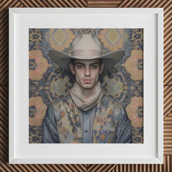 Farzad - Arabic Gay Cowboy Art Print / Canvas Hat Wide Brim Patterned Fabric Beige Color Dandy, Elegant Persian Outlaw’s, Vintage Prints