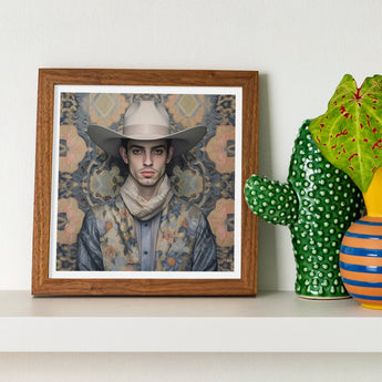 Farzad - Arabic Gay Cowboy Art Print / Canvas Square-framed Portrait Man Light-colored Hat Patterned Jacket Dandy, Elegant Persian