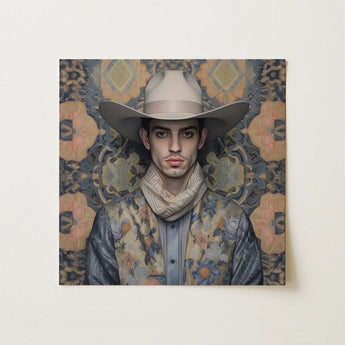 Farzad - Arabic Gay Cowboy Art Print / Canvas Square Canvas Painting Man Light Beige Cowboy Hat Dandy Gay Cowboy, Elegant Persian Outlaw’s,