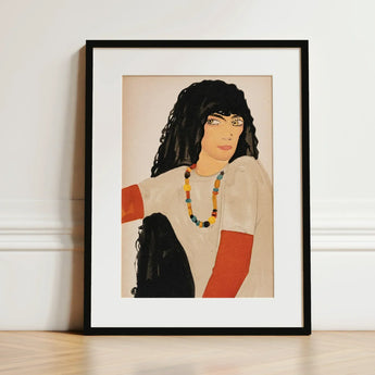 Fashion Postcard no 860 - Wiener Werkstätte Art Print / Canvas Black-framed Stylized Portrait Woman Curly Black Loose Ivory Smock, Bears
