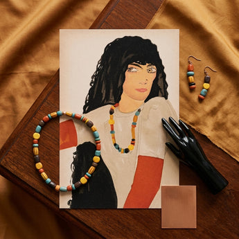 Fashion Postcard no 860 - Wiener Werkstätte Art Print / Canvas Colorful Beaded Necklace Multicolored Cylindrical Beads Shades Yellow Loose