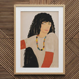 Fashion Postcard no 860 - Wiener Werkstätte Art Print / Canvas Framed Artwork Stylized Portrait Woman Dark Curly Hair Loose Ivory Smock,